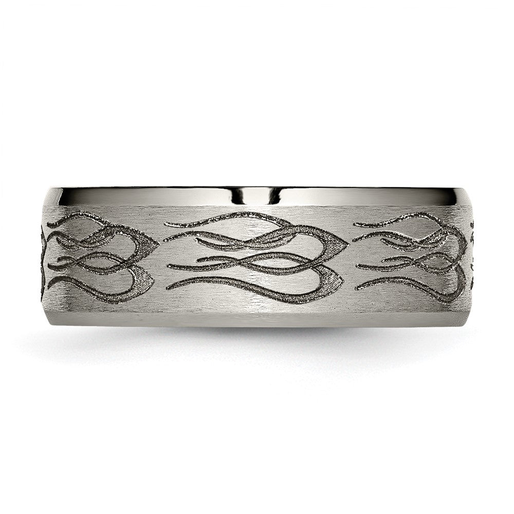 Titanium Brushed & Polished Flames Laser Design 8mm Beveled Edge Band