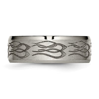 Titanium Brushed & Polished Flames Laser Design 8mm Beveled Edge Band