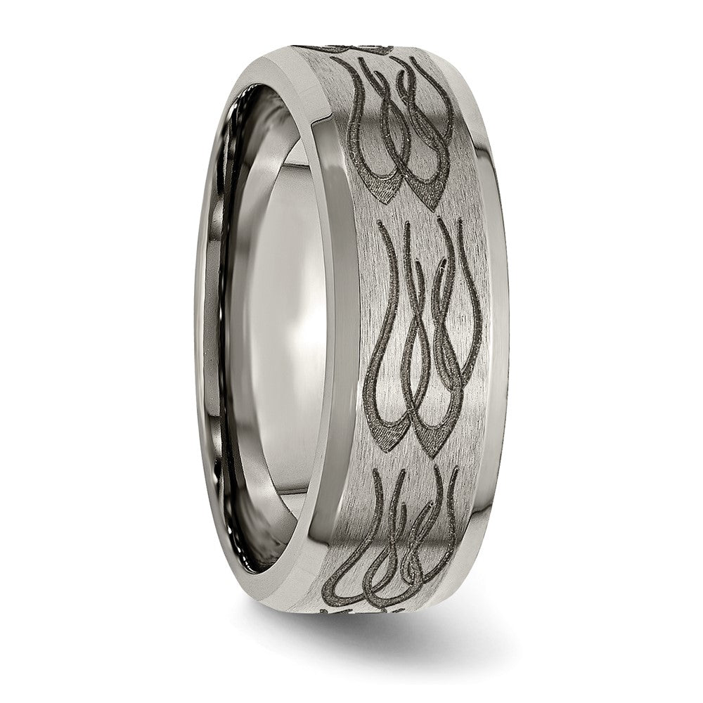 Titanium Brushed & Polished Flames Laser Design 8mm Beveled Edge Band