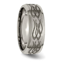 Titanium Brushed & Polished Flames Laser Design 8mm Beveled Edge Band