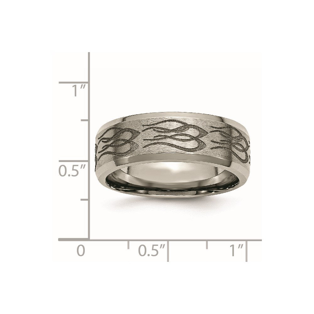 Titanium Brushed & Polished Flames Laser Design 8mm Beveled Edge Band