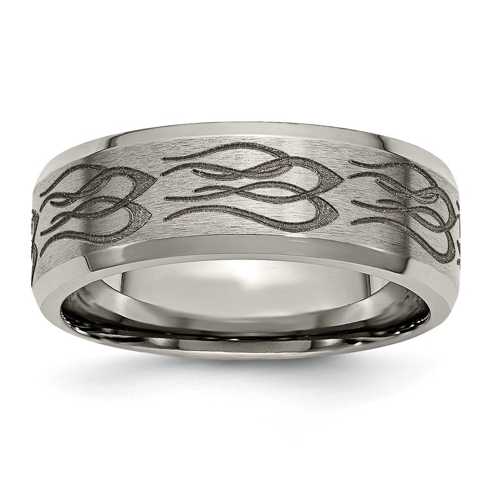 Titanium Brushed & Polished Flames Laser Design 8mm Beveled Edge Band