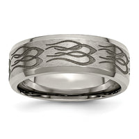 Titanium Brushed & Polished Flames Laser Design 8mm Beveled Edge Band