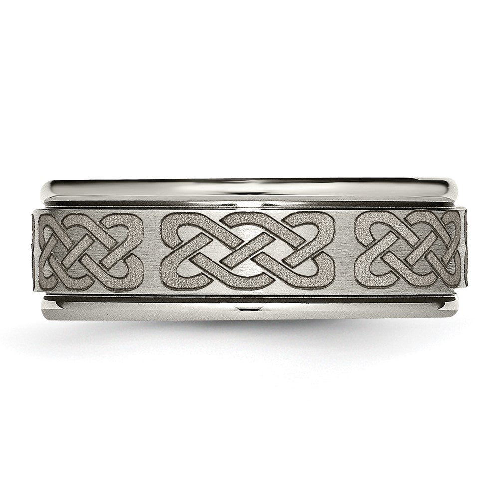 Titanium Brushed & Polished Celtic Laser Design 8mm Ridged Edge Band
