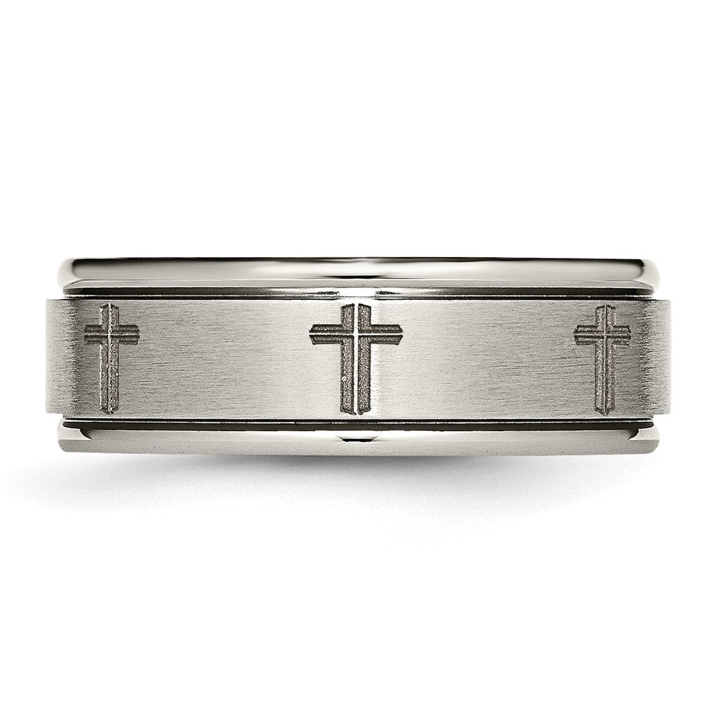 Titanium Brushed & Polished Cross Laser Design 8mm Ridged Edge Band