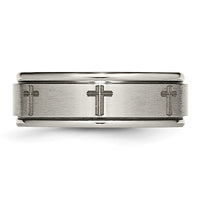 Titanium Brushed & Polished Cross Laser Design 8mm Ridged Edge Band