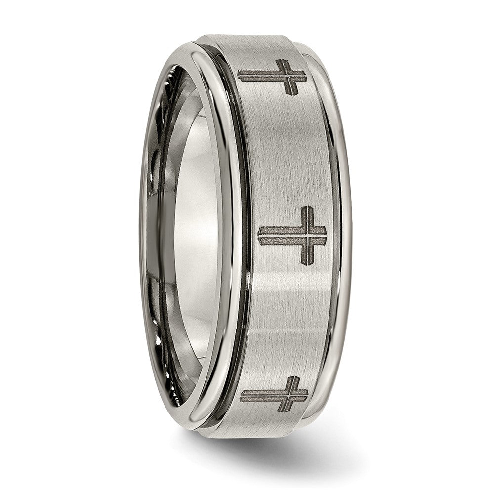 Titanium Brushed & Polished Cross Laser Design 8mm Ridged Edge Band