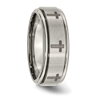 Titanium Brushed & Polished Cross Laser Design 8mm Ridged Edge Band
