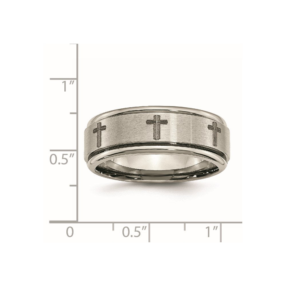 Titanium Brushed & Polished Cross Laser Design 8mm Ridged Edge Band