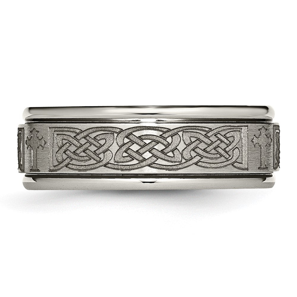 Titanium Brushed & Polished Cross Laser Design 8mm Ridged Edge Band