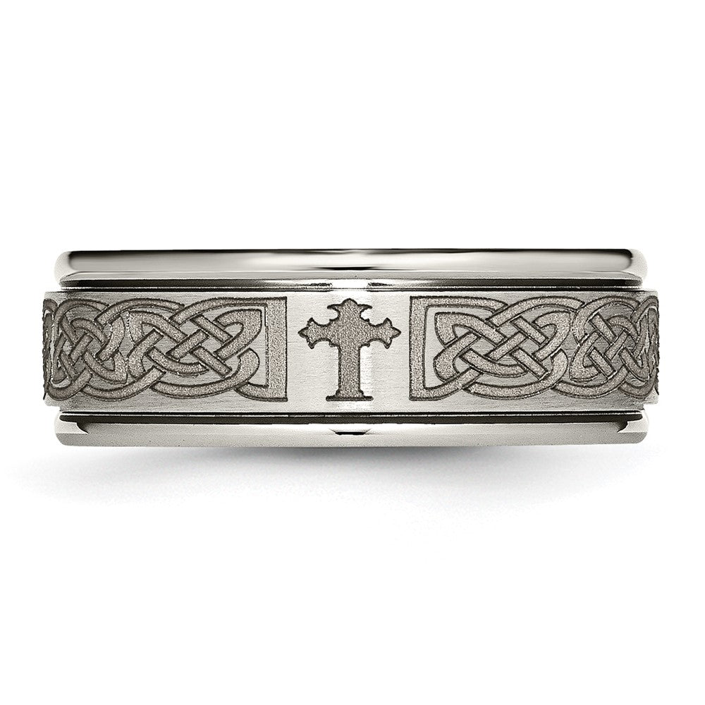 Titanium Brushed & Polished Cross Laser Design 8mm Ridged Edge Band