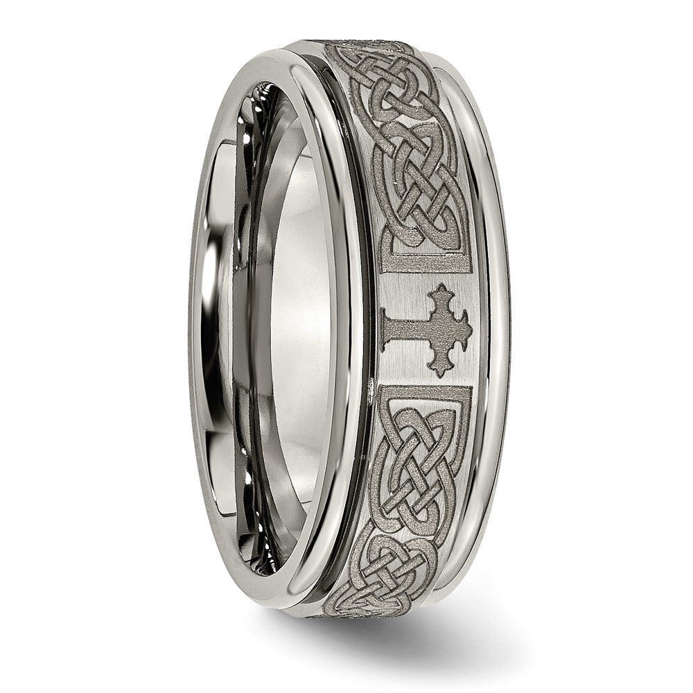 Titanium Brushed & Polished Cross Laser Design 8mm Ridged Edge Band