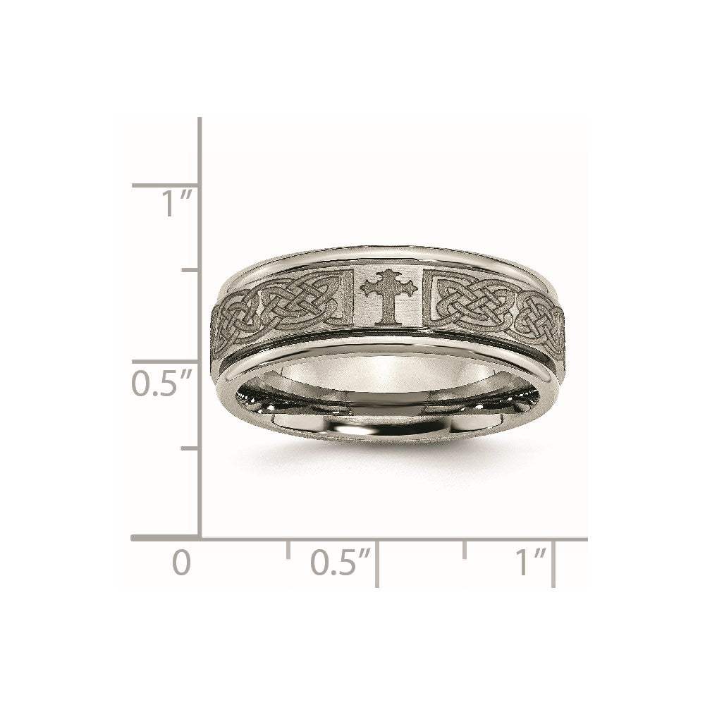 Titanium Brushed & Polished Cross Laser Design 8mm Ridged Edge Band