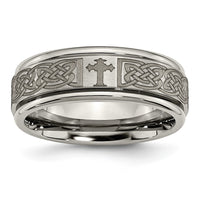Titanium Brushed & Polished Cross Laser Design 8mm Ridged Edge Band