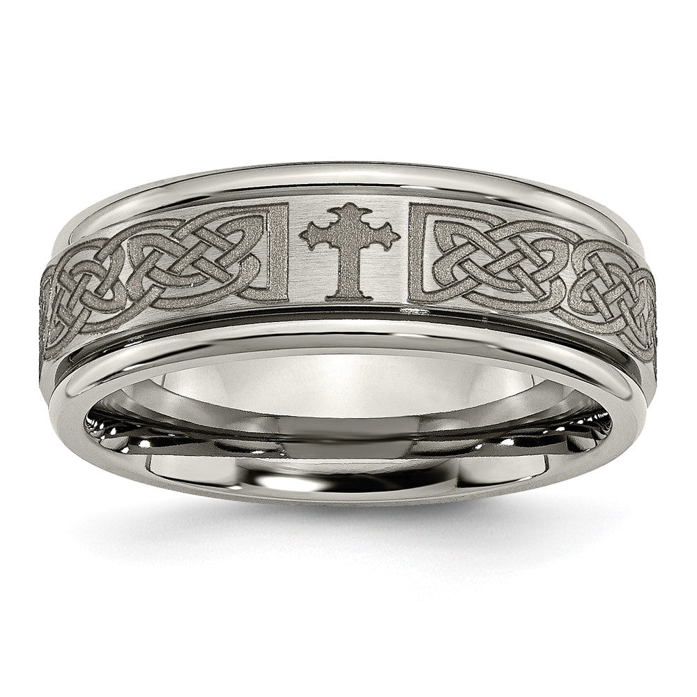 Titanium Brushed & Polished Cross Laser Design 8mm Ridged Edge Band