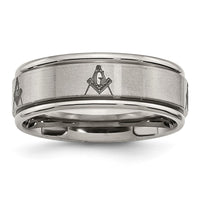 Titanium Brushed & Polished Masonic Laser Design 8mm Ridged Edge Band