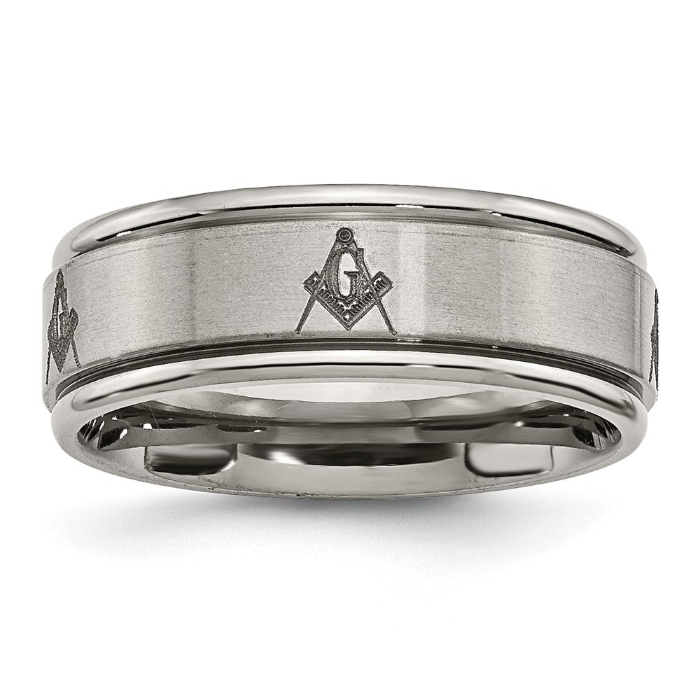 Titanium Brushed & Polished Masonic Laser Design 8mm Ridged Edge Band