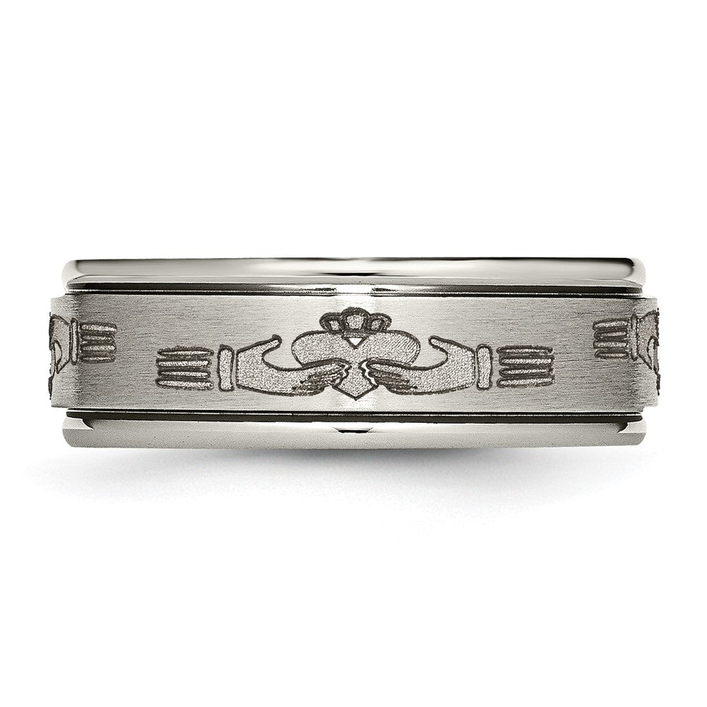 Titanium Brushed/Polished Claddagh Laser Design 8mm Ridged Edge Band