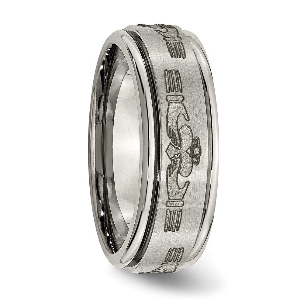 Titanium Brushed/Polished Claddagh Laser Design 8mm Ridged Edge Band