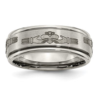 Titanium Brushed/Polished Claddagh Laser Design 8mm Ridged Edge Band