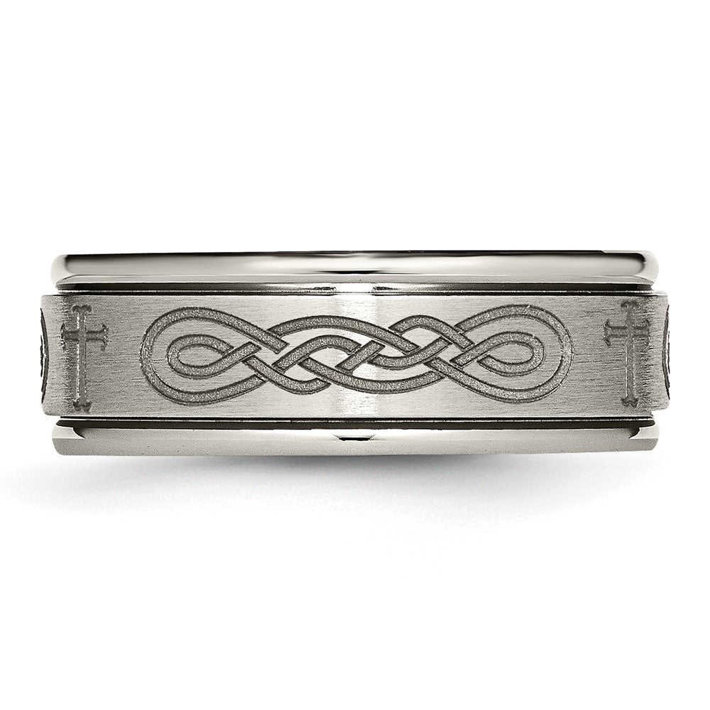 Titanium Brushed & Polished Cross Laser Design 8mm Ridged Edge Band