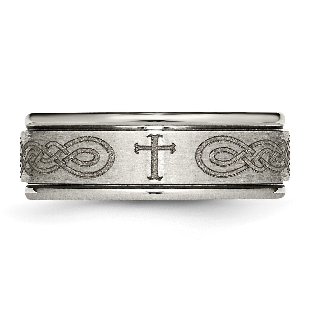Titanium Brushed & Polished Cross Laser Design 8mm Ridged Edge Band
