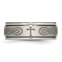 Titanium Brushed & Polished Cross Laser Design 8mm Ridged Edge Band