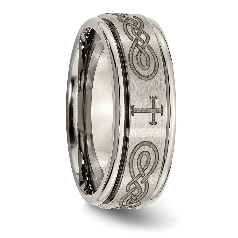 Titanium Brushed & Polished Cross Laser Design 8mm Ridged Edge Band