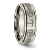 Titanium Brushed & Polished Cross Laser Design 8mm Ridged Edge Band