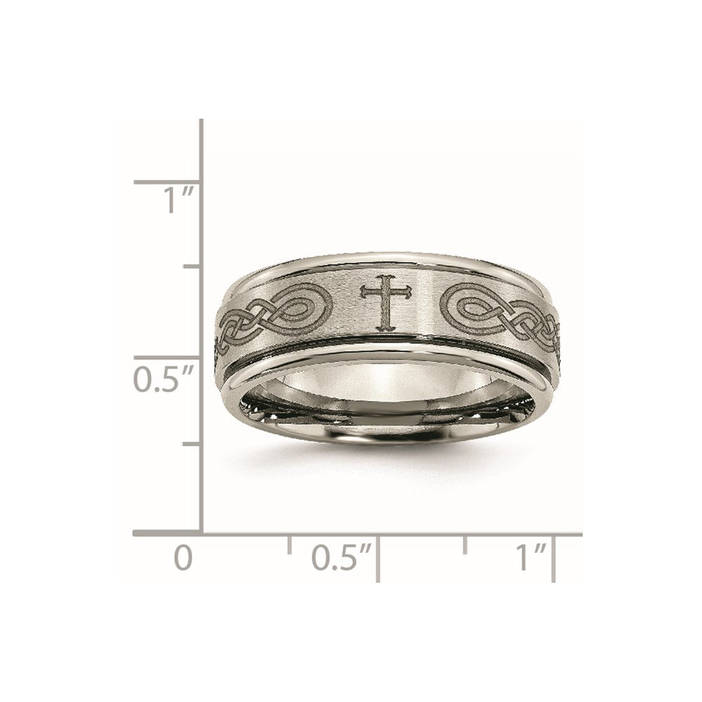 Titanium Brushed & Polished Cross Laser Design 8mm Ridged Edge Band