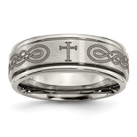 Titanium Brushed & Polished Cross Laser Design 8mm Ridged Edge Band