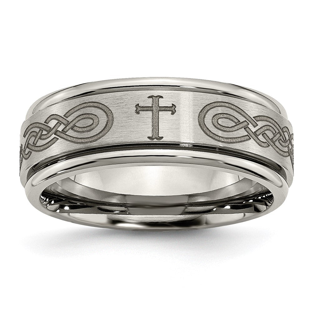 Titanium Brushed & Polished Cross Laser Design 8mm Ridged Edge Band