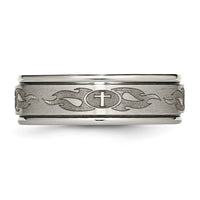Titanium Brushed & Polished Cross Laser Design 8mm Ridged Edge Band