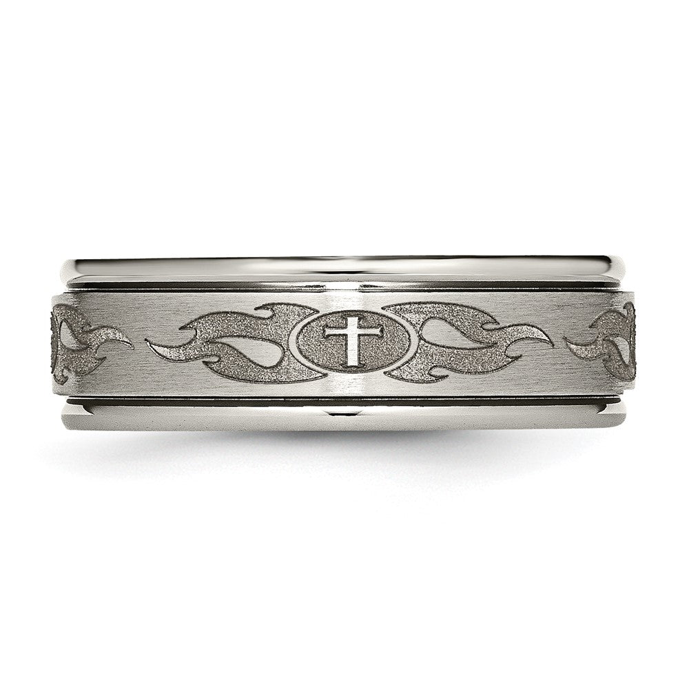 Titanium Brushed & Polished Cross Laser Design 8mm Ridged Edge Band