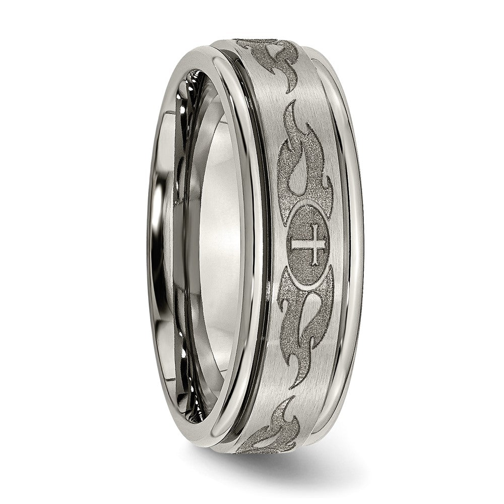 Titanium Brushed & Polished Cross Laser Design 8mm Ridged Edge Band