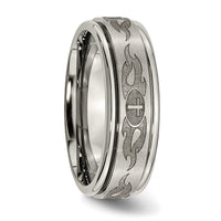 Titanium Brushed & Polished Cross Laser Design 8mm Ridged Edge Band