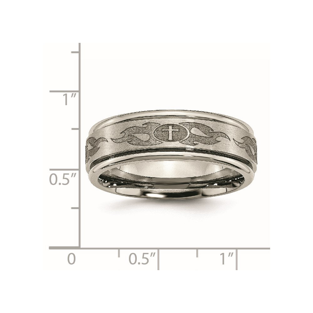 Titanium Brushed & Polished Cross Laser Design 8mm Ridged Edge Band