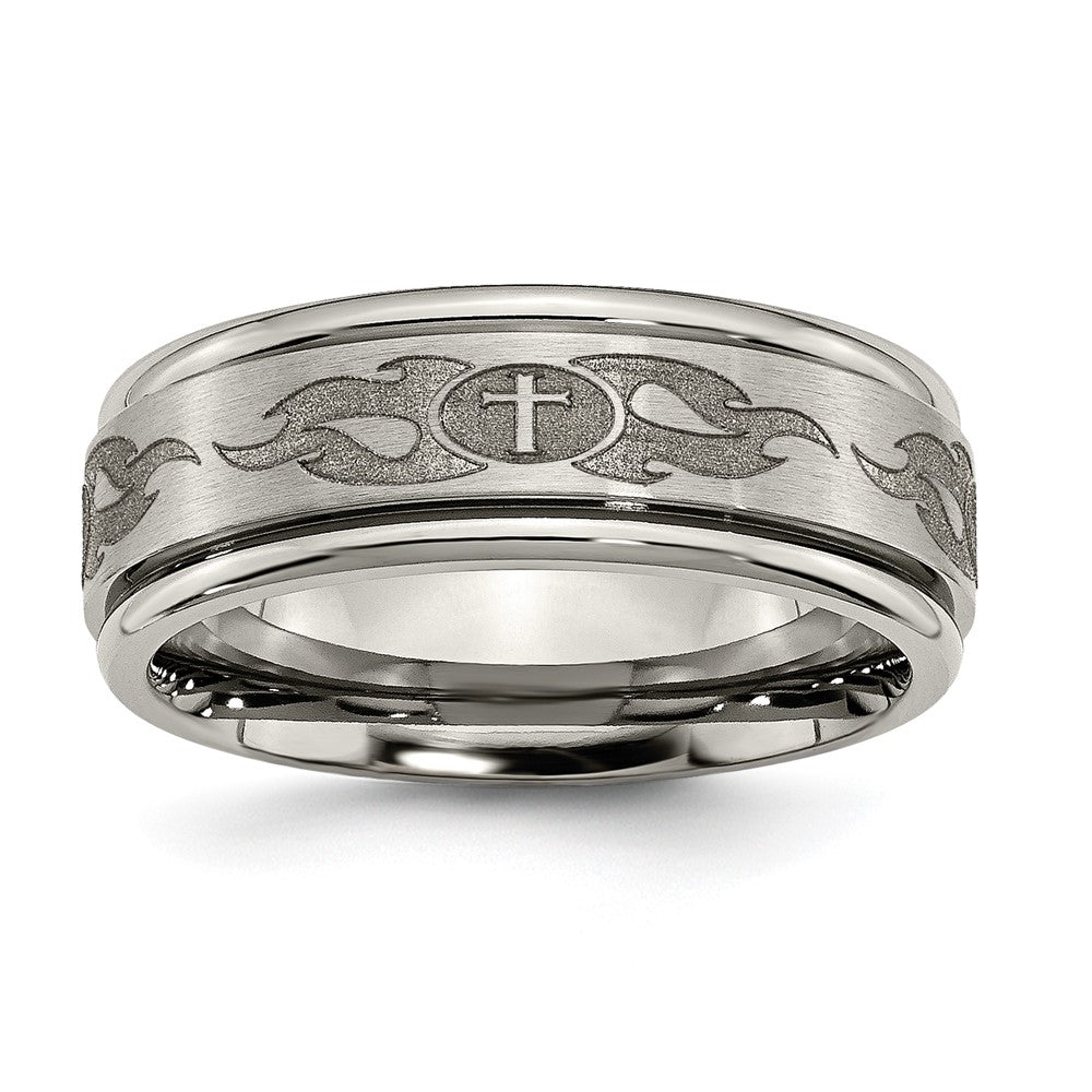 Titanium Brushed & Polished Cross Laser Design 8mm Ridged Edge Band