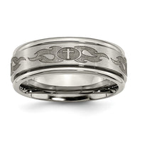 Titanium Brushed & Polished Cross Laser Design 8mm Ridged Edge Band