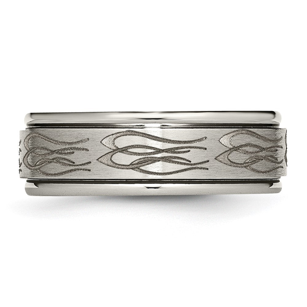 Titanium Brushed & Polished Flame Laser Design 8mm Ridged Edge Band