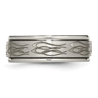 Titanium Brushed & Polished Flame Laser Design 8mm Ridged Edge Band