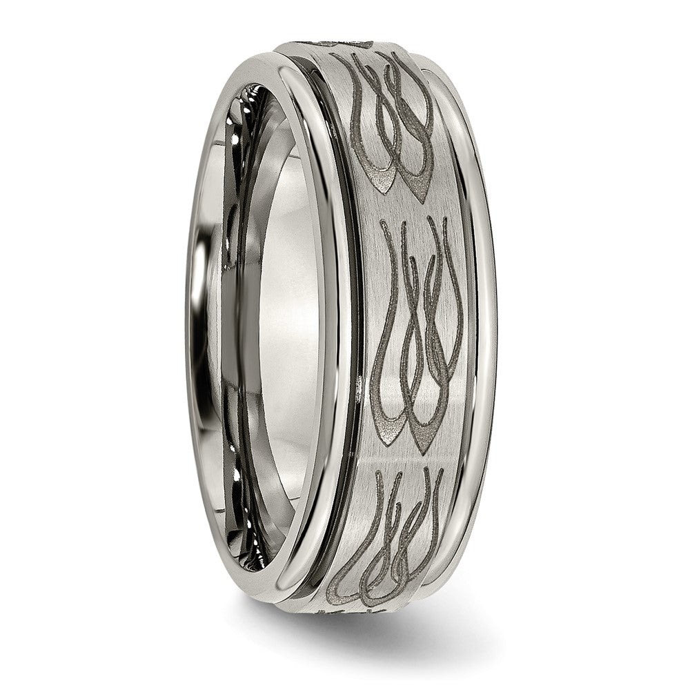 Titanium Brushed & Polished Flame Laser Design 8mm Ridged Edge Band