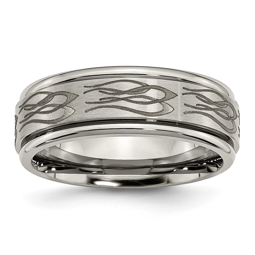Titanium Brushed & Polished Flame Laser Design 8mm Ridged Edge Band