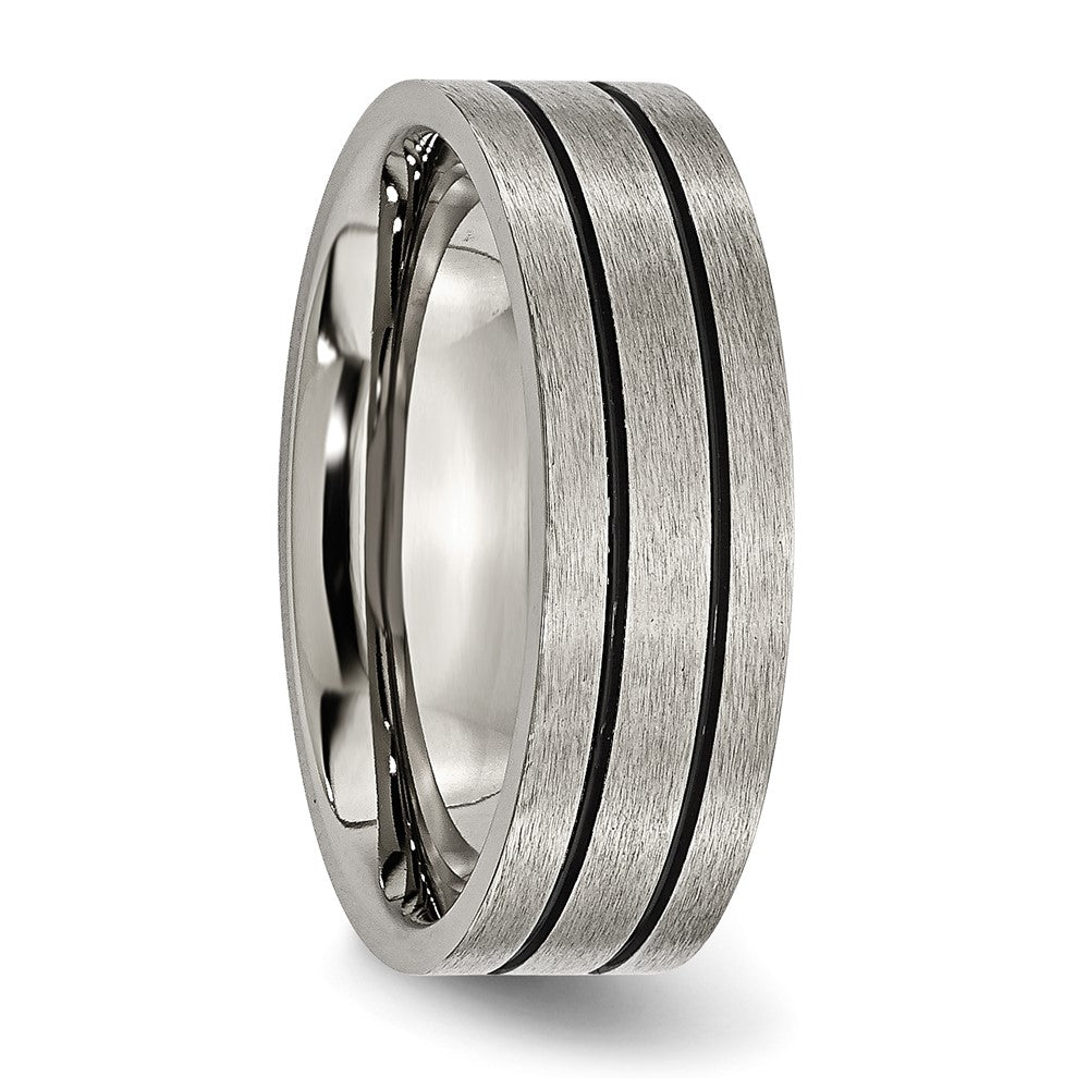 Titanium Brushed Black Enamel Grooved 7mm Flat Band