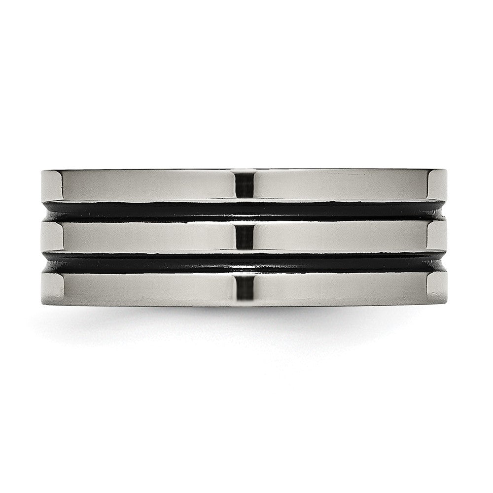 Titanium Polished Black Enamel Grooved 8mm Flat Band