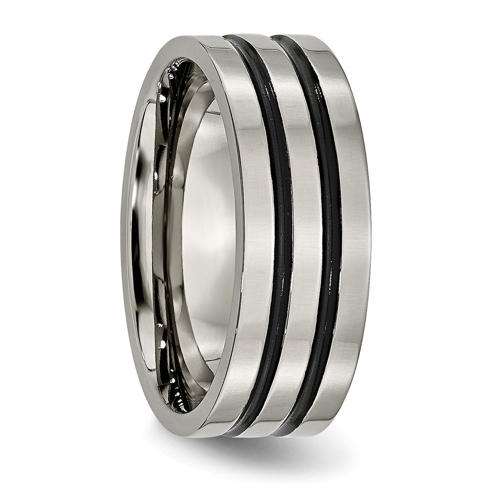 Titanium Polished Black Enamel Grooved 8mm Flat Band