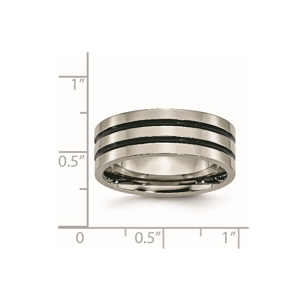 Titanium Polished Black Enamel Grooved 8mm Flat Band