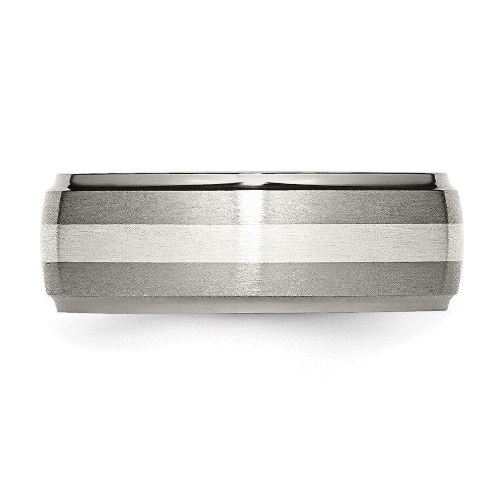 Titanium Brushed/Polished w/Sterling Silver Inlay 8mm Ridged Edge Band