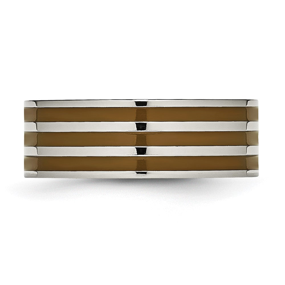 Titanium Polished Brown Enamel Striped 8mm Flat Band
