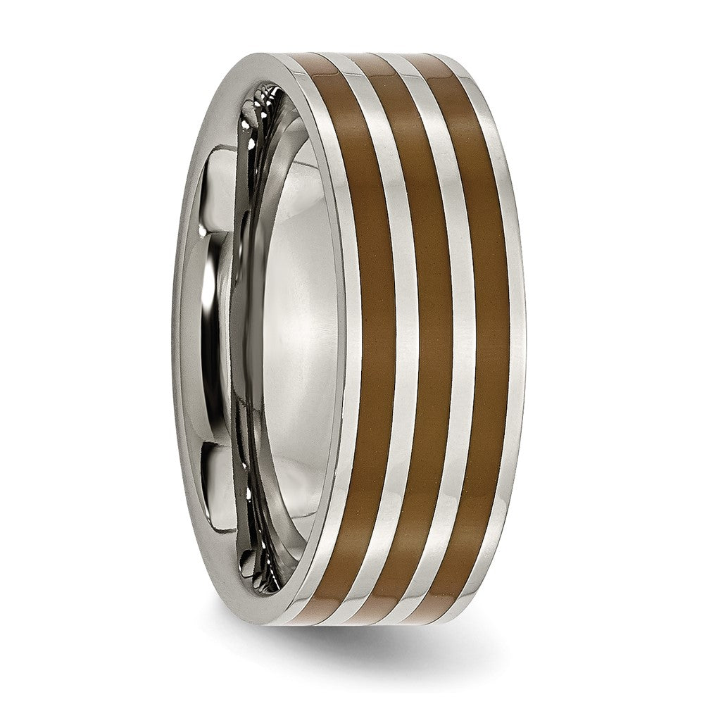 Titanium Polished Brown Enamel Striped 8mm Flat Band